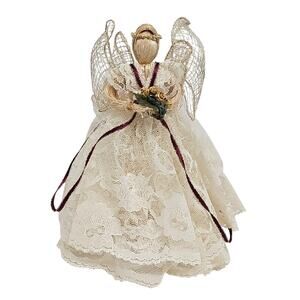 Vintage Cornhusk Lace Mesh Faceless Angel Tree Topper with Gold Accents Decor 8"